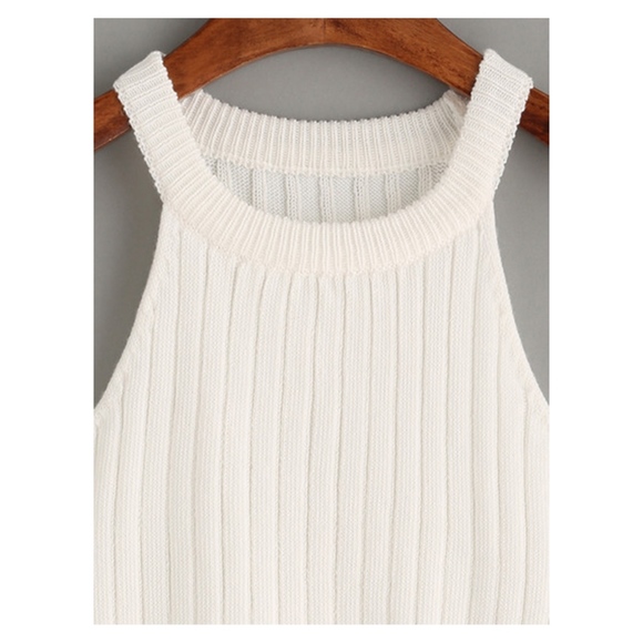 White Halter Ribbed Knitted Crop Top - Picture 2 of 7